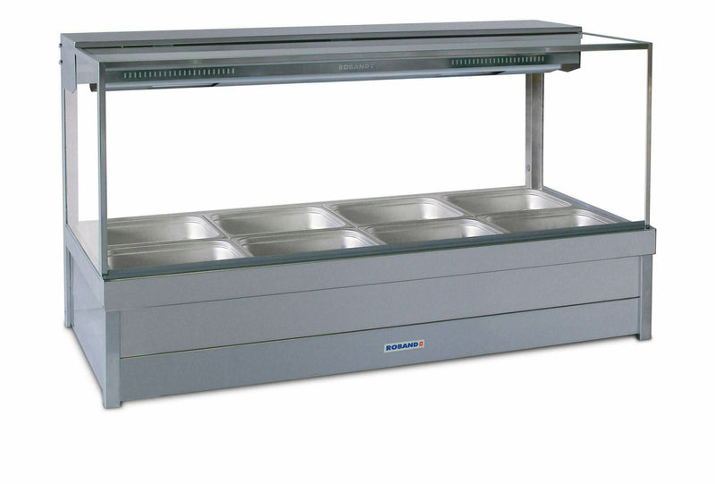 Square Glass Hot Food Display Bar, 8 pans double row with roller doors- Roband RB-S24RD