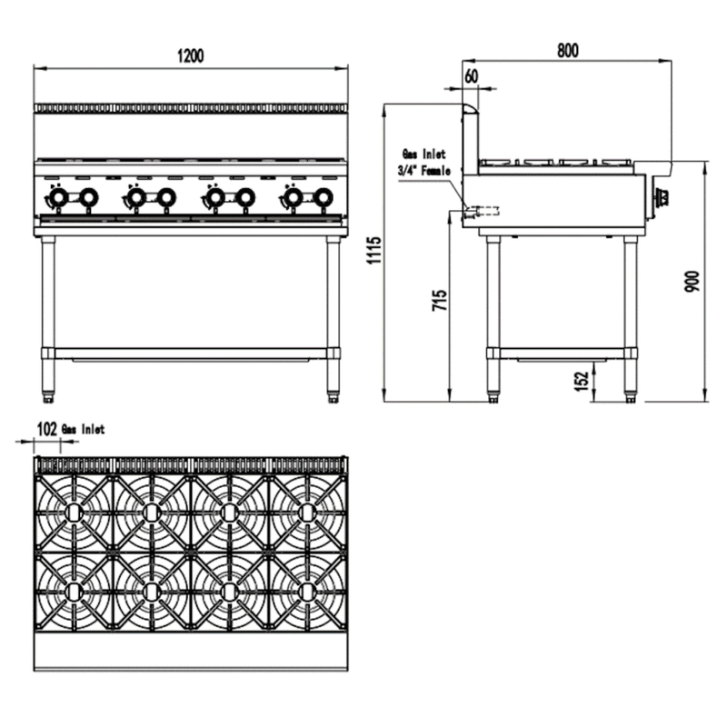 AG Eight Burner Gas Cooktop Hob - 1200mm width - Natural Gas- AG Equipment AG-ST1200-NG