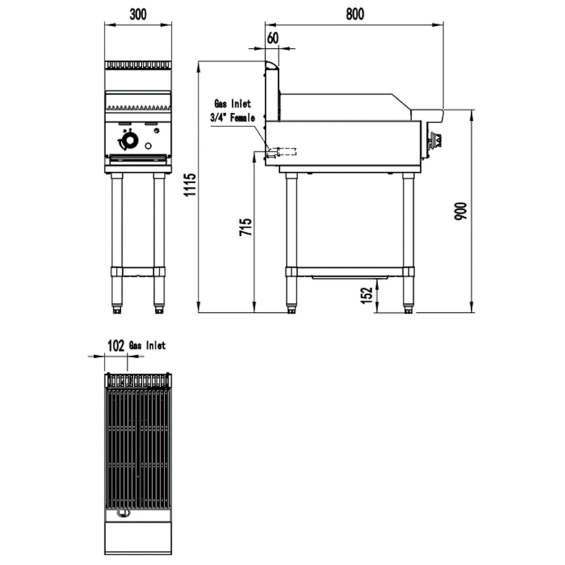 AG Single Burner Commercial Chargrill - 300MM width - Natural Gas- AG Equipment AG-CH300-NG