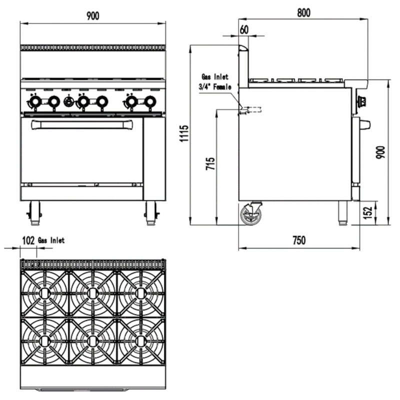 AG Six Burner Gas Cooktop Range with Oven - 900mm width - LPG- AG Equipment AG-6OVST-LPG
