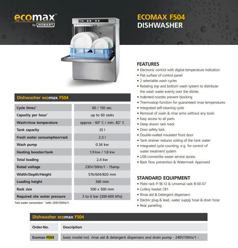 Ecomax Undercounter Glass & Dish Washer - 504- Hobart HB-ECOMAX504