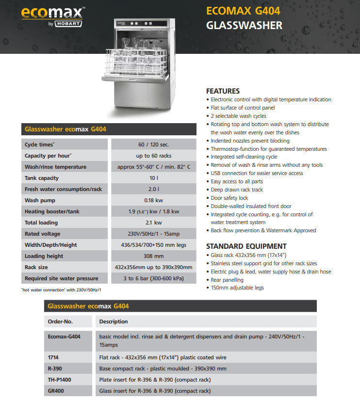 Ecomax Compact Glasswasher - 404- Hobart HB-ECOMAX404