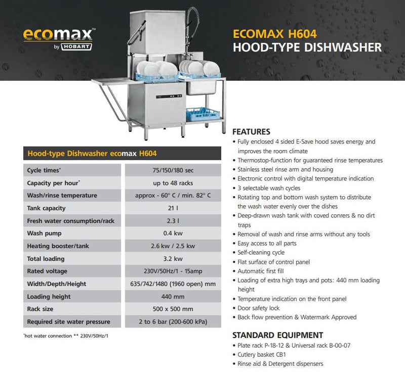 Ecomax Single Phase Hood Type Dish & Glasswasher - 604- Hobart HB-ECOMAX604