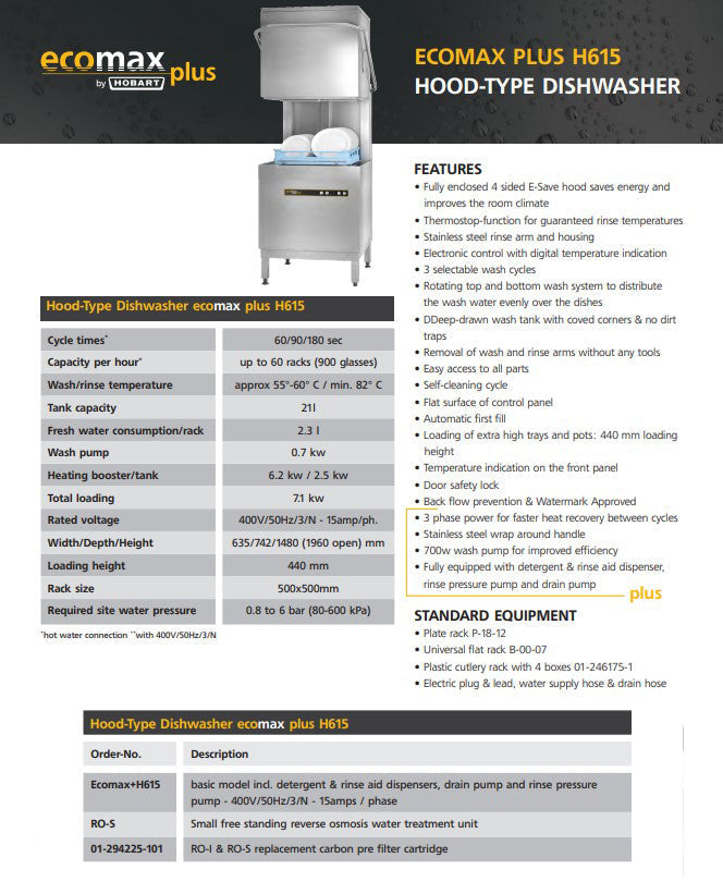 Ecomaxplus Hood Dishwasher - H615- Hobart HB-ECOMAXPLUSH615