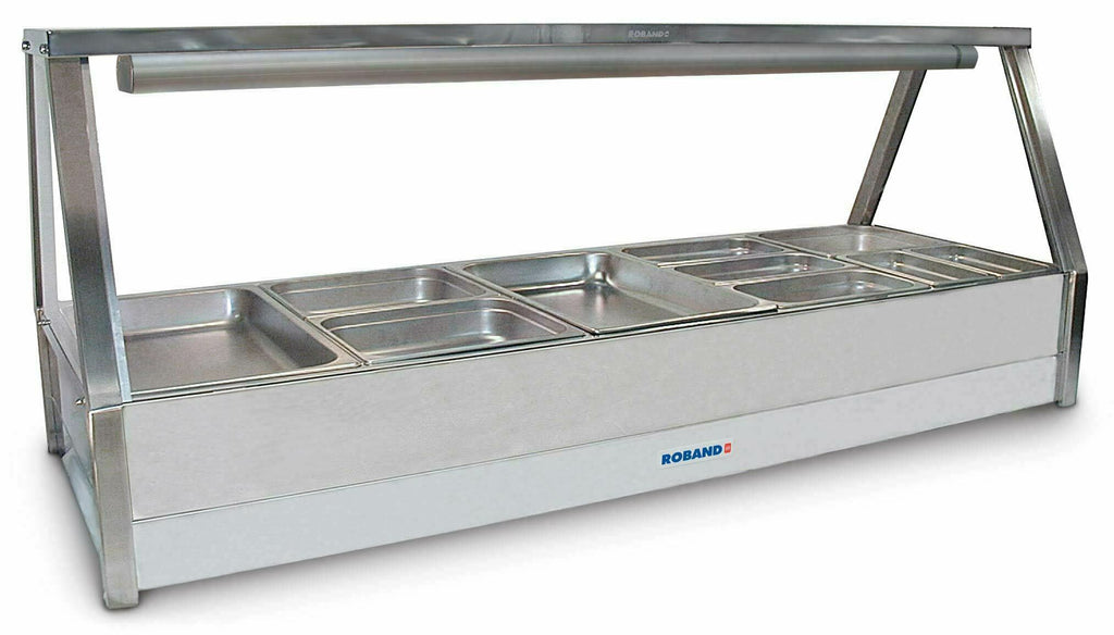 Roband Straight Glass Hot Food Display Bar, 10 pans double row with Both-Side Roller Door