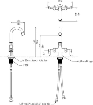 Stainless Steel Dual Hob Mount Body with Gooseneck 12" Spout- 3Monkeez T-3MDHG12