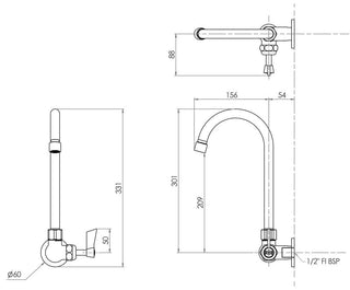 Stainless Steel Single Wall Mount Body with Single Control and 12" Gooseneck Swivel Spout- 3Monkeez T-3MSWG12