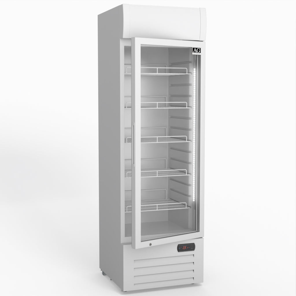 AG 383L Upright Glass Door Display/Drinks Fridge - White with Light Box DF383WL