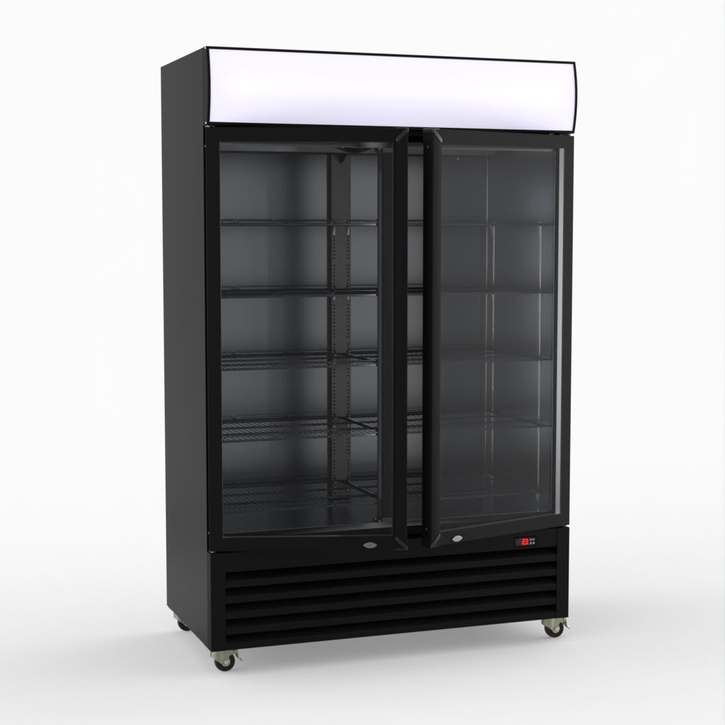 Thermaster 1200L Two Glass Door Colourbond Upright Drink Fridge Black LG-1200BP