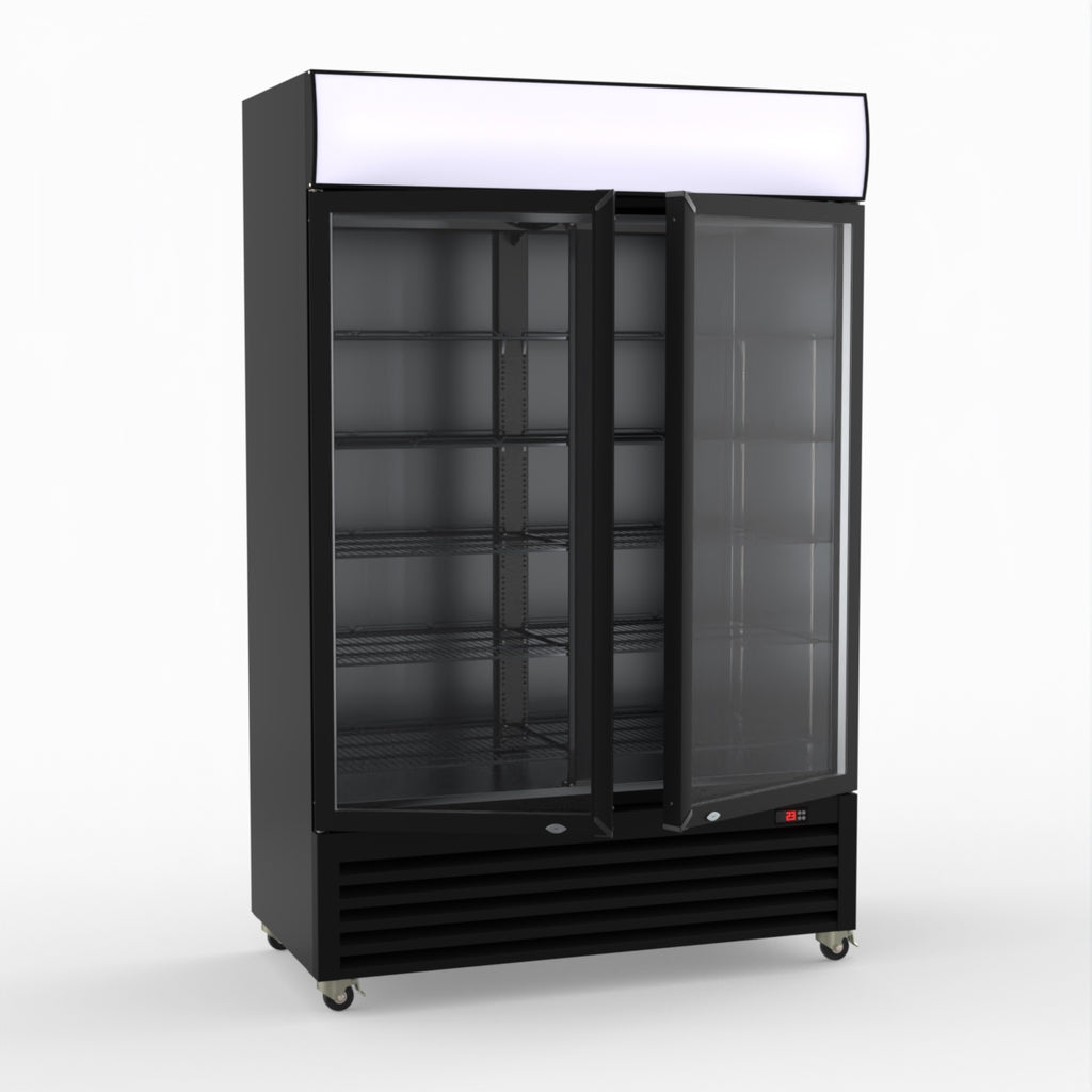 Thermaster 1200L Two Glass Door Colourbond Upright Drink Fridge Black LG-1200BP