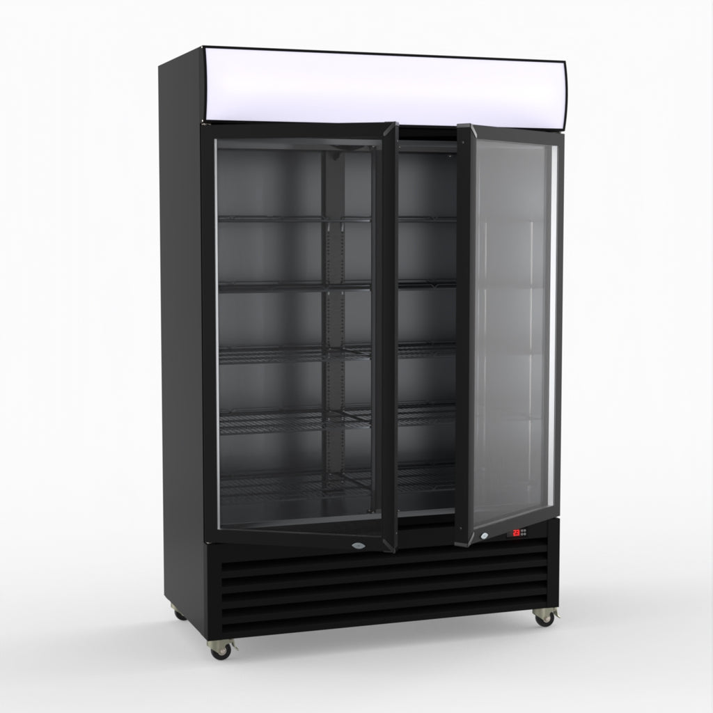 Thermaster 1200L Two Glass Door Colourbond Upright Drink Fridge Black LG-1200BP