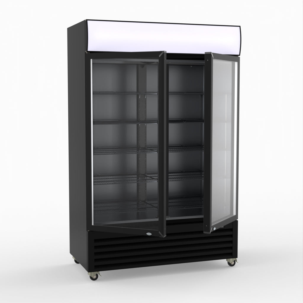 Thermaster 1200L Two Glass Door Colourbond Upright Drink Fridge Black LG-1200BP