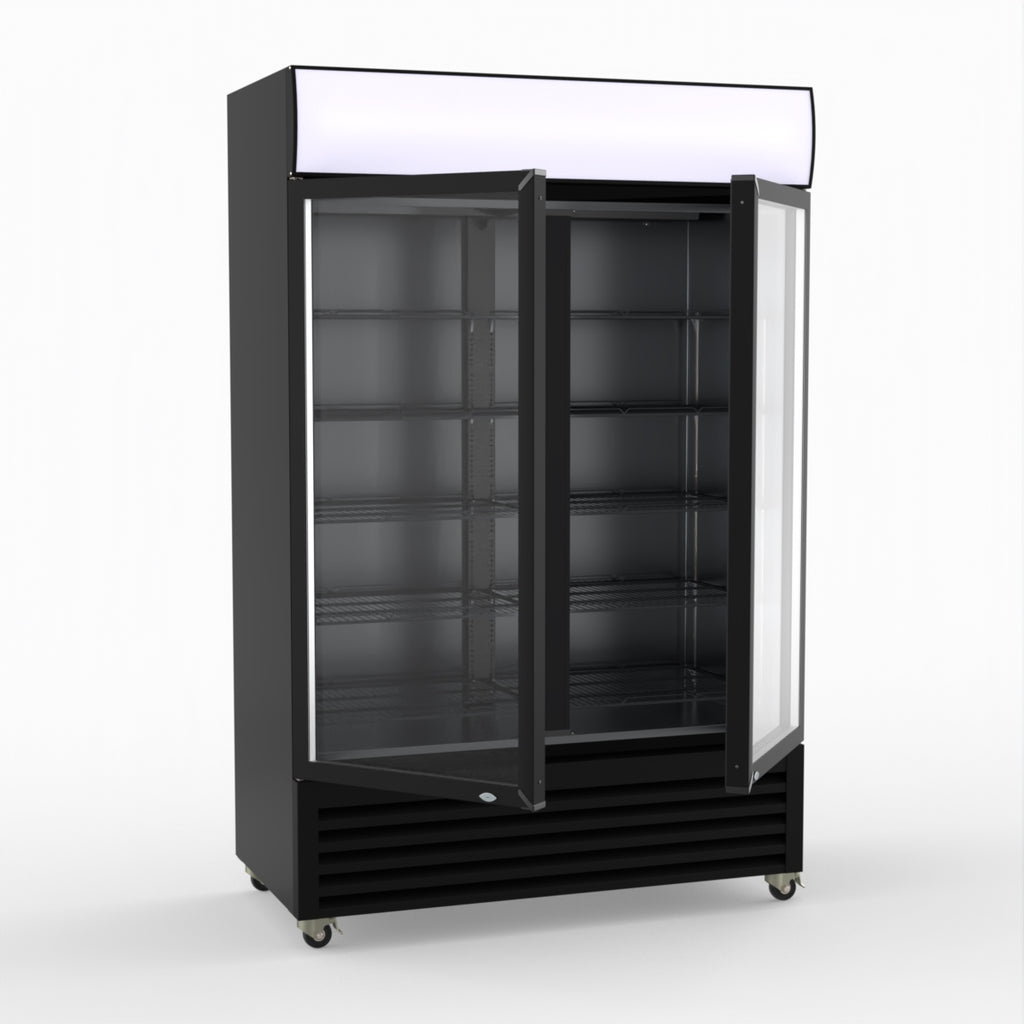 Thermaster 1200L Two Glass Door Colourbond Upright Drink Fridge Black LG-1200BP