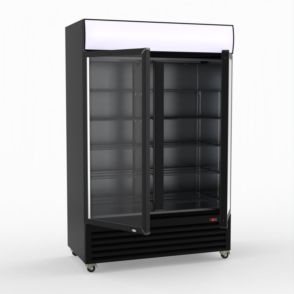 Thermaster 1200L Two Glass Door Colourbond Upright Drink Fridge Black LG-1200BP