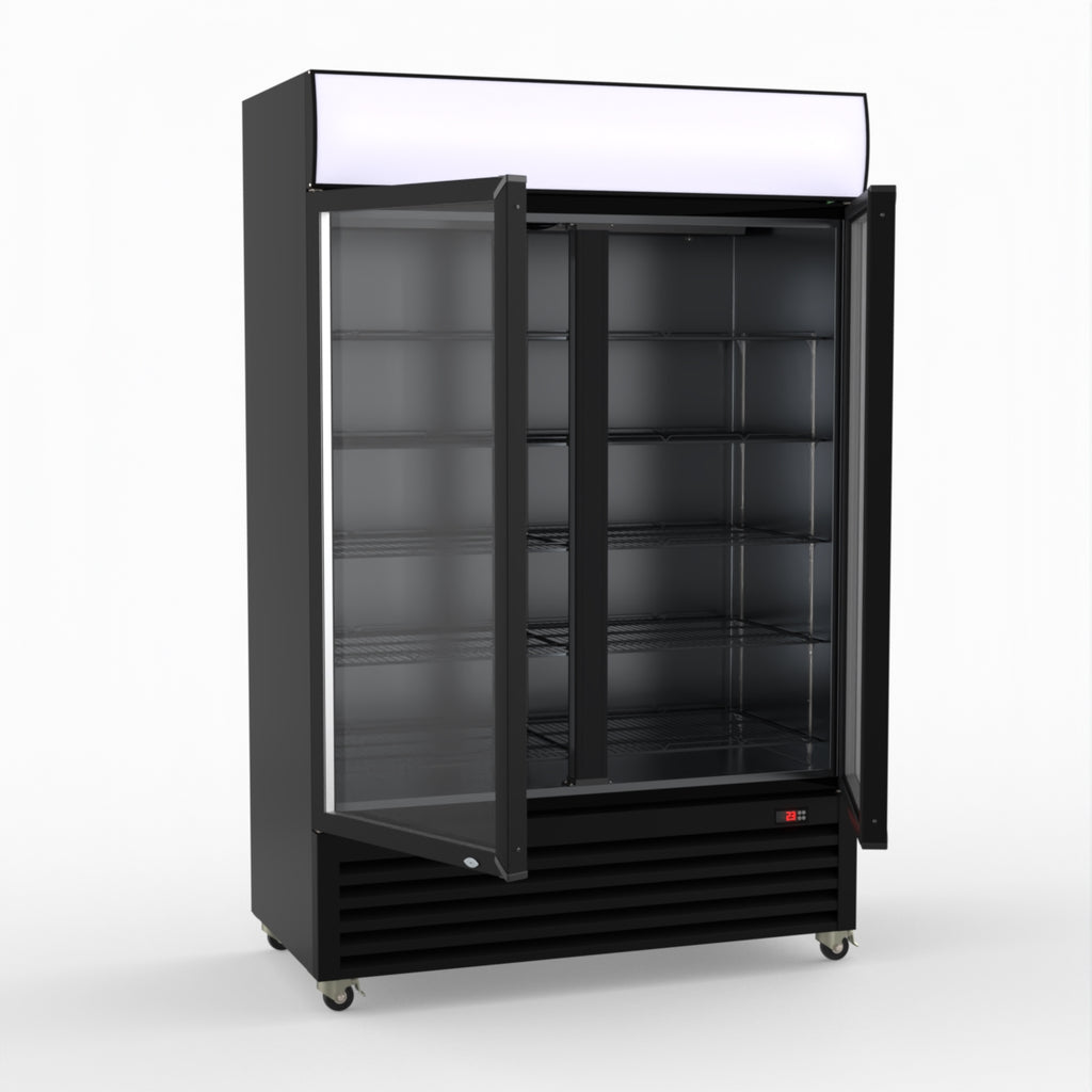 Thermaster 1200L Two Glass Door Colourbond Upright Drink Fridge Black LG-1200BP