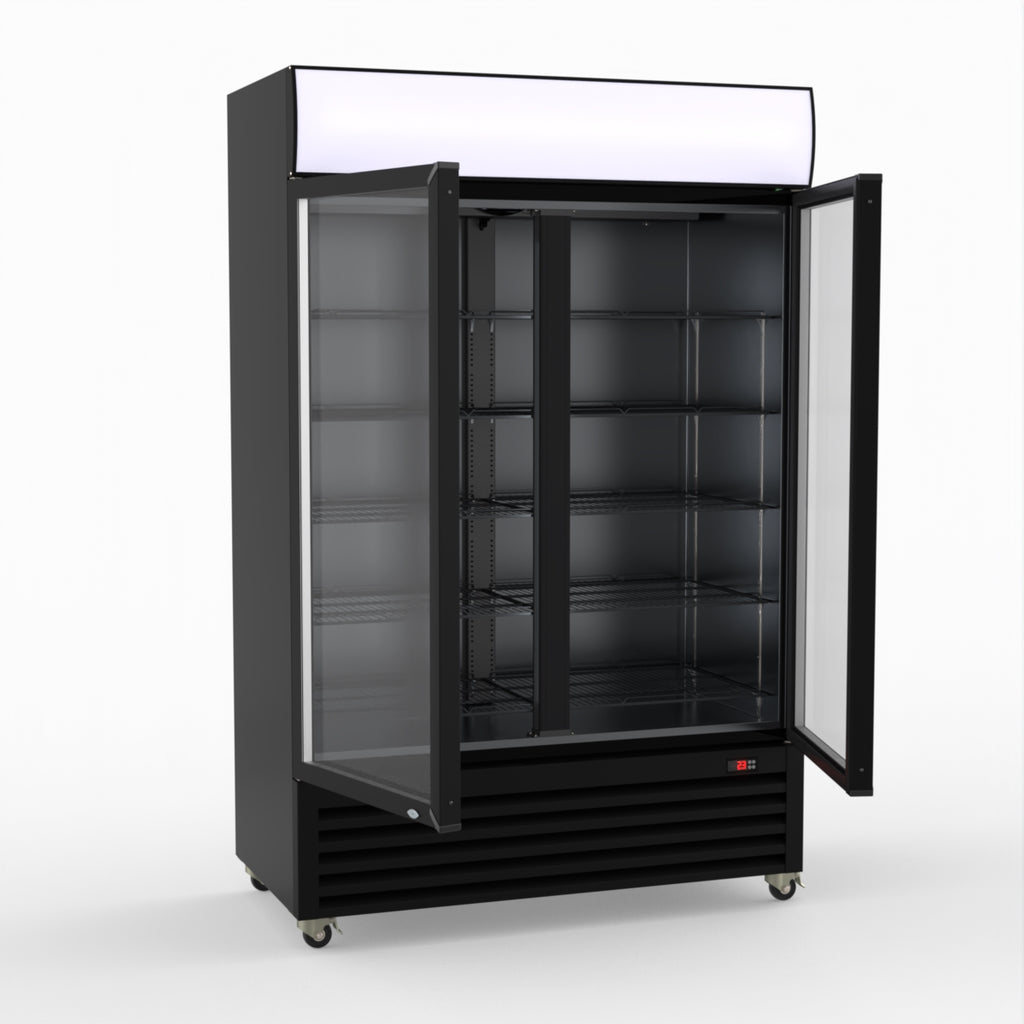 Thermaster 1200L Two Glass Door Colourbond Upright Drink Fridge Black LG-1200BP