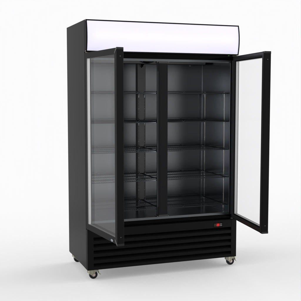 Thermaster 1200L Two Glass Door Colourbond Upright Drink Fridge Black LG-1200BP