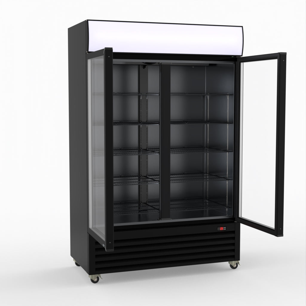 Thermaster 1200L Two Glass Door Colourbond Upright Drink Fridge Black LG-1200BP