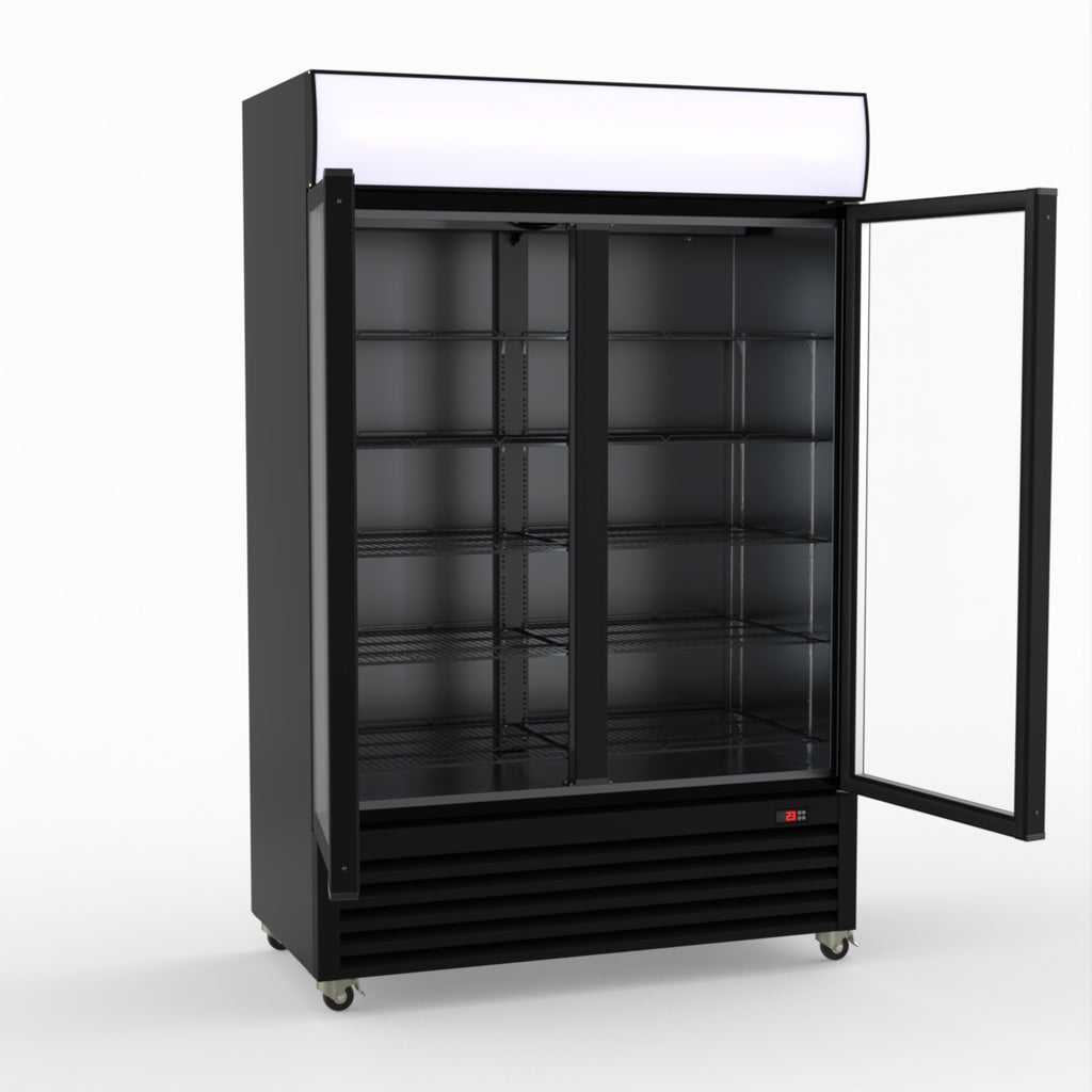 Thermaster 1200L Two Glass Door Colourbond Upright Drink Fridge Black LG-1200BP