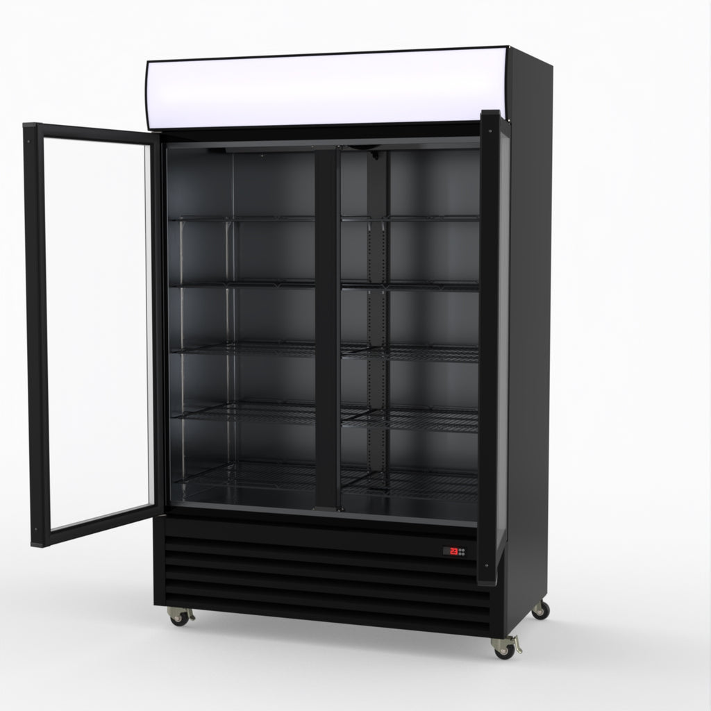 Thermaster 1200L Two Glass Door Colourbond Upright Drink Fridge Black LG-1200BP