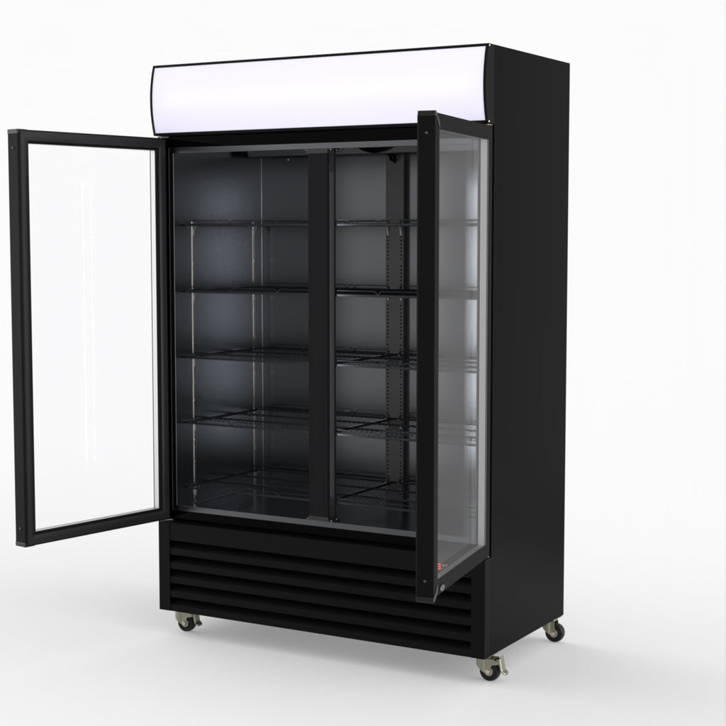 Thermaster 1200L Two Glass Door Colourbond Upright Drink Fridge Black LG-1200BP