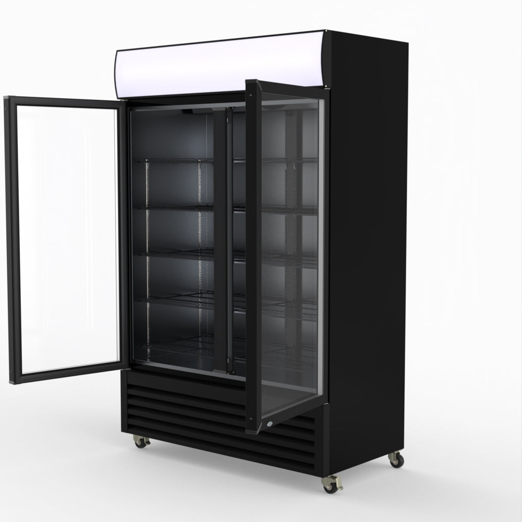 Thermaster 1200L Two Glass Door Colourbond Upright Drink Fridge Black LG-1200BP