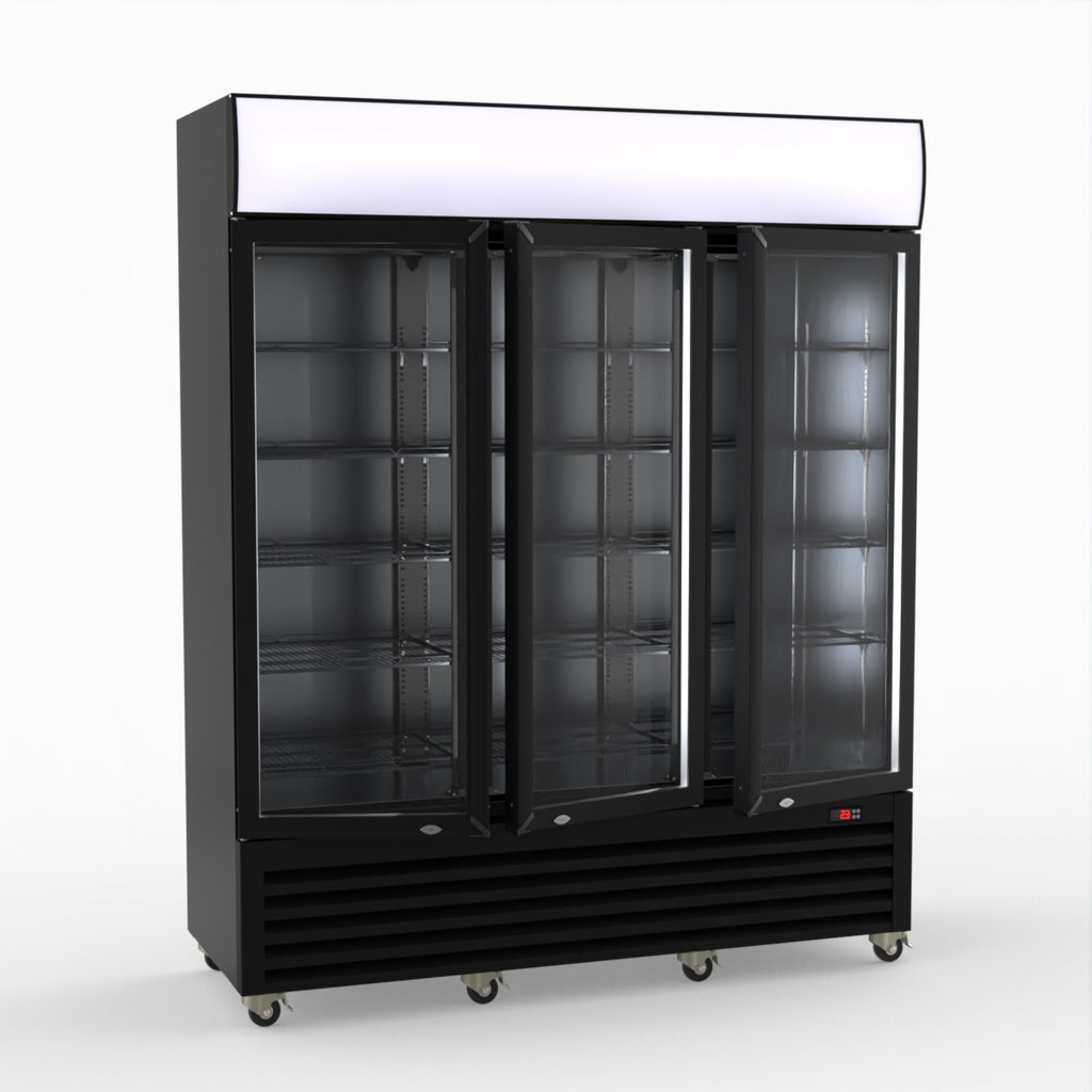 Thermaster 1200L 3 Glass Door Colourbond Upright Drink Fridge Black LG-1203BP