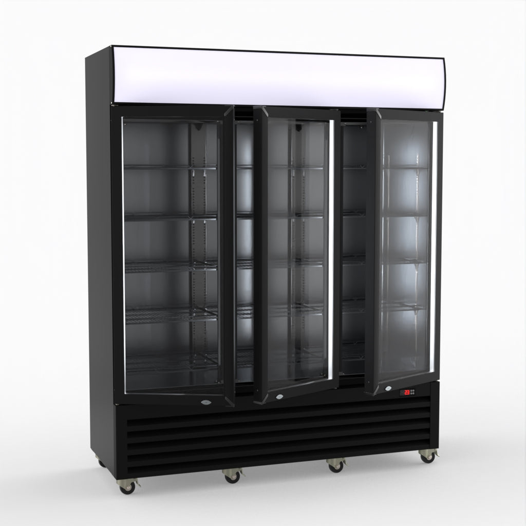 Thermaster 1200L 3 Glass Door Colourbond Upright Drink Fridge Black LG-1203BP