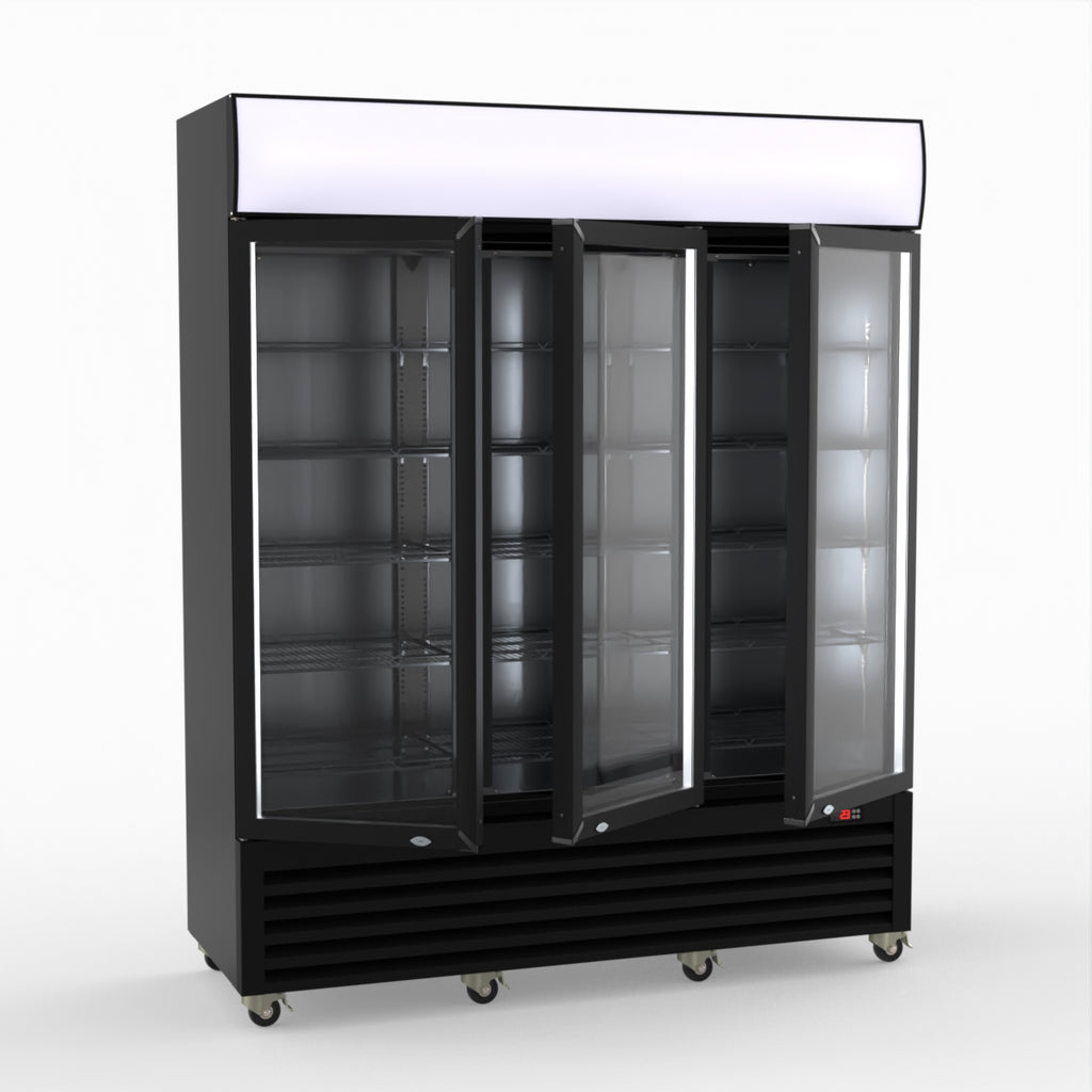 Thermaster 1200L 3 Glass Door Colourbond Upright Drink Fridge Black LG-1203BP