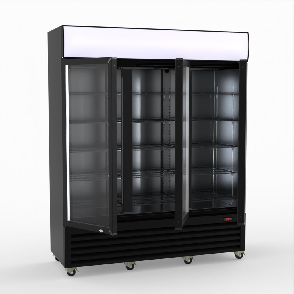 Thermaster 1200L 3 Glass Door Colourbond Upright Drink Fridge Black LG-1203BP