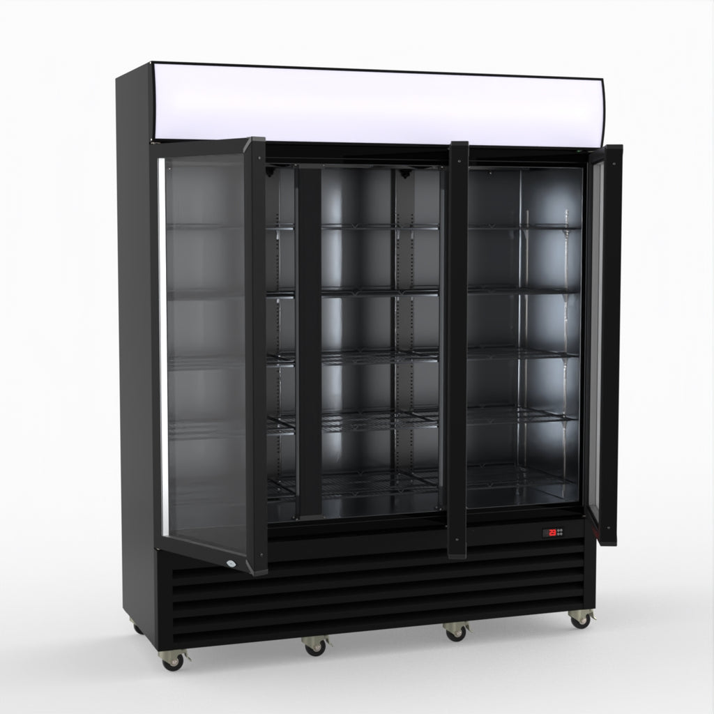 Thermaster 1200L 3 Glass Door Colourbond Upright Drink Fridge Black LG-1203BP