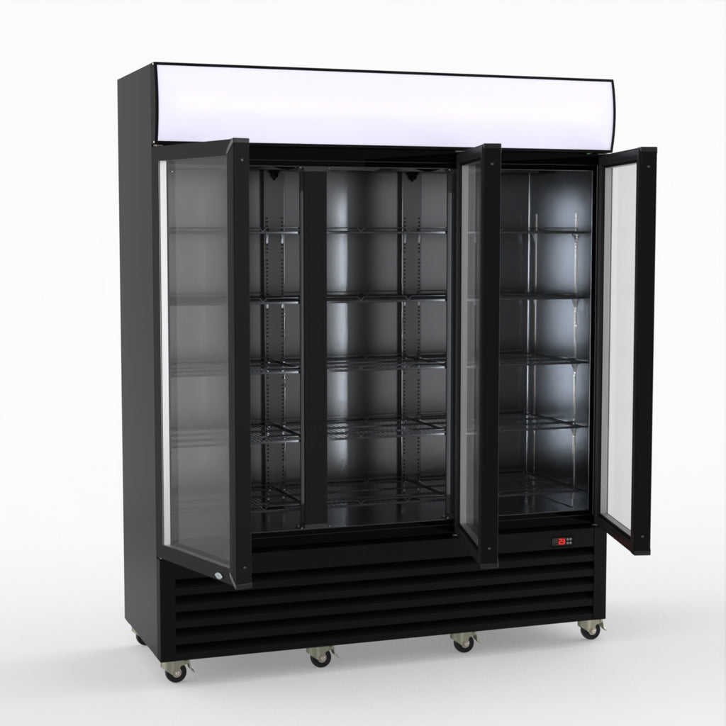 Thermaster 1200L 3 Glass Door Colourbond Upright Drink Fridge Black LG-1203BP