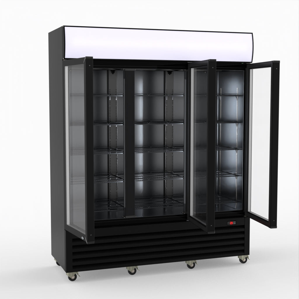 Thermaster 1200L 3 Glass Door Colourbond Upright Drink Fridge Black LG-1203BP