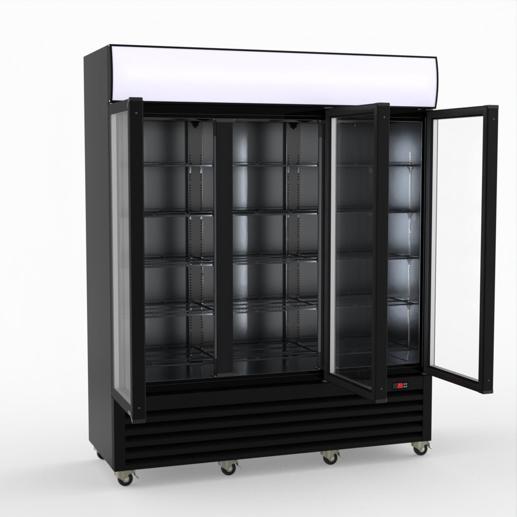 Thermaster 1200L 3 Glass Door Colourbond Upright Drink Fridge Black LG-1203BP
