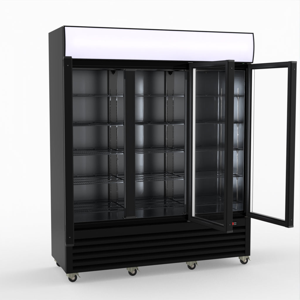 Thermaster 1200L 3 Glass Door Colourbond Upright Drink Fridge Black LG-1203BP