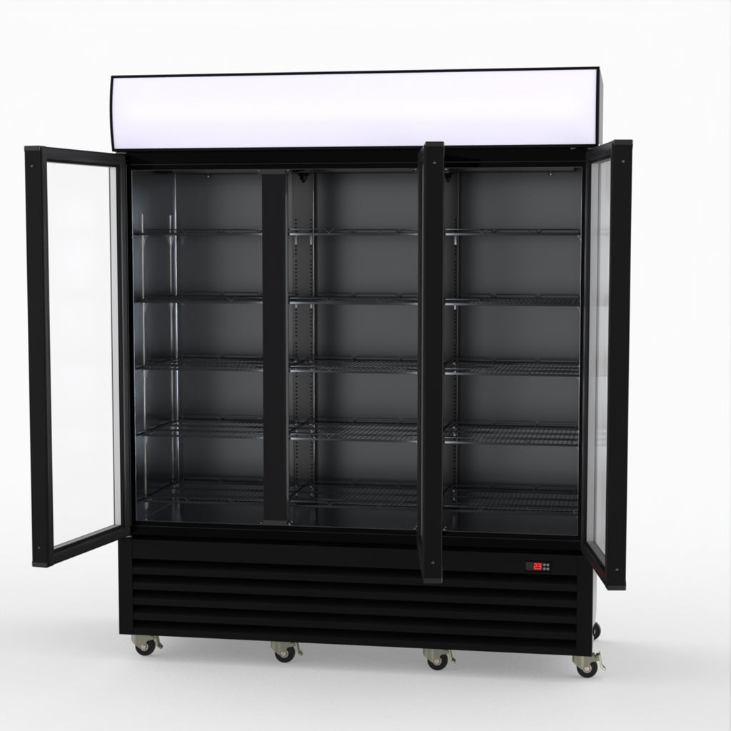 Thermaster 1200L 3 Glass Door Colourbond Upright Drink Fridge Black LG-1203BP