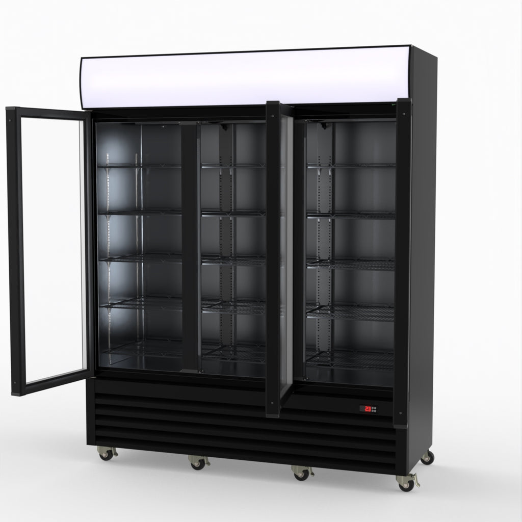 Thermaster 1200L 3 Glass Door Colourbond Upright Drink Fridge Black LG-1203BP