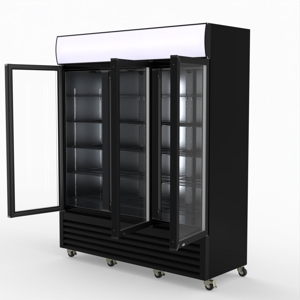 Thermaster 1200L 3 Glass Door Colourbond Upright Drink Fridge Black LG-1203BP