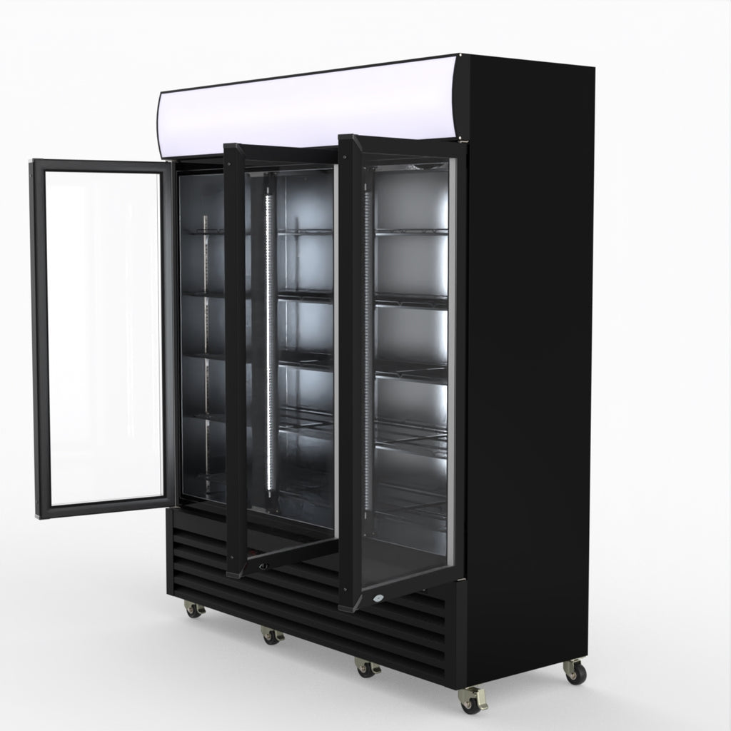Thermaster 1200L 3 Glass Door Colourbond Upright Drink Fridge Black LG-1203BP