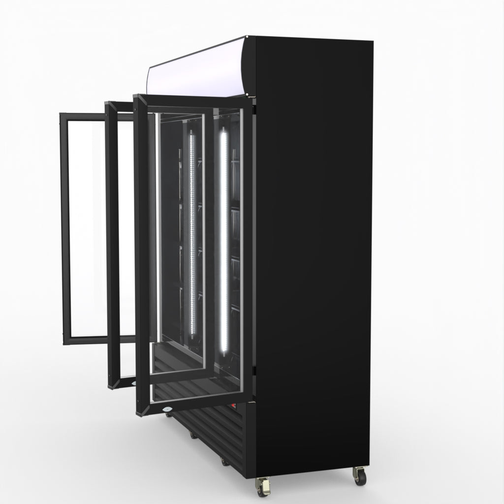 Thermaster 1200L 3 Glass Door Colourbond Upright Drink Fridge Black LG-1203BP