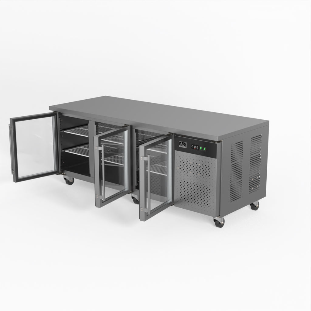 AG Three Door Commercial Glass Door Worktop / Under Bench Display Fridge 800mm Depth- AG Equipment AG-PAX3100TNG