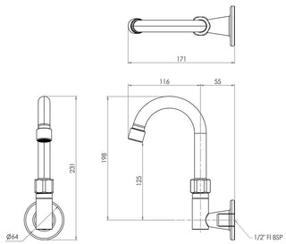 Stainless Steel Wall Elbow with Gooseneck Swivel Spout - 12" Spout- 3Monkeez T-3MWEG12