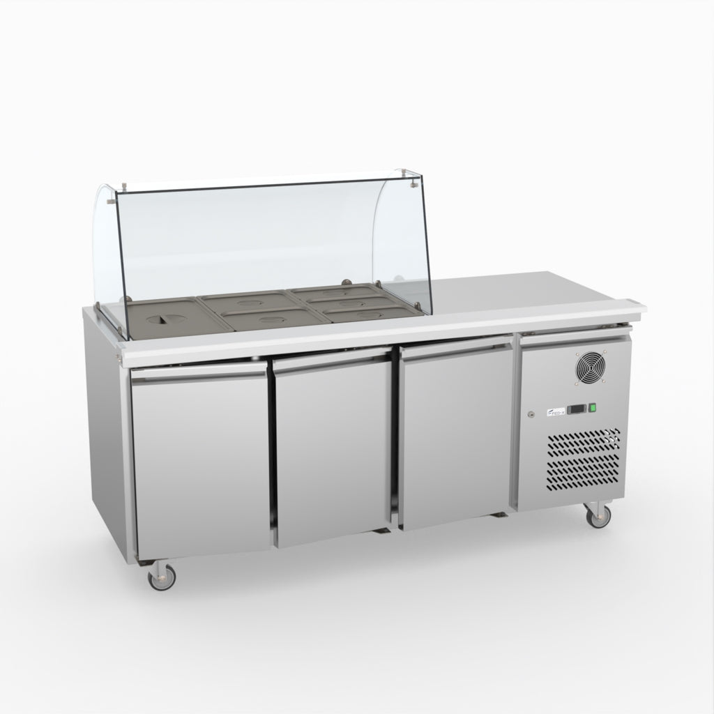 FED-X Three Door Salad Prep Fridge With Curve Glass Top XTHP3100SALGC