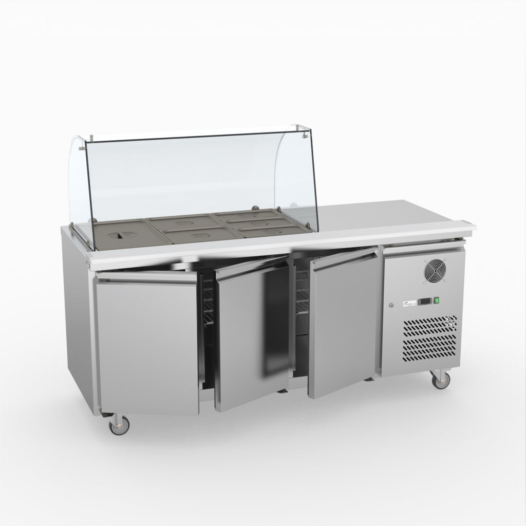 FED-X Three Door Salad Prep Fridge With Curve Glass Top XTHP3100SALGC