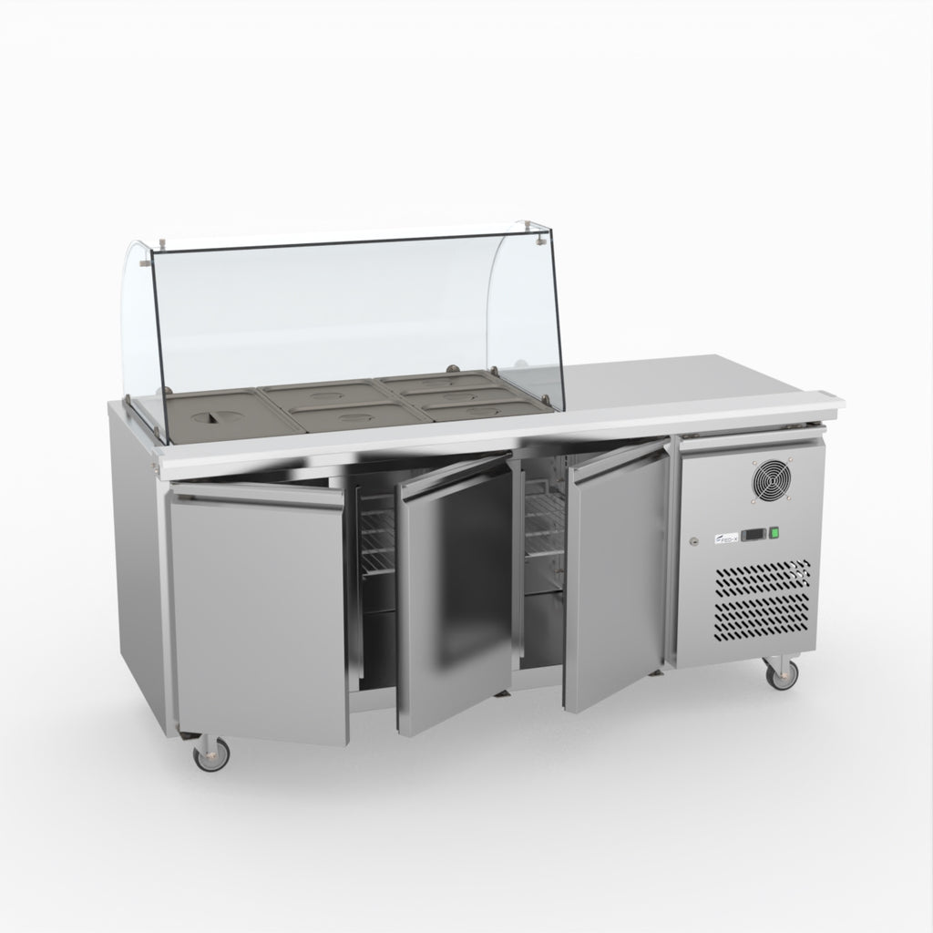 FED-X Three Door Salad Prep Fridge With Curve Glass Top XTHP3100SALGC