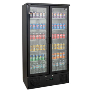 AG Equipment 477L Upright Double Glass Door Display / Backbar Fridge - Black B500G