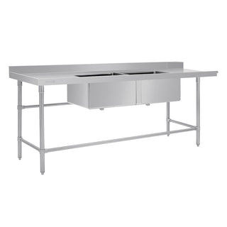 Vogue Dishwasher Inlet Table with Double Bowl Sink 90mm outlet 2400x700x960mmL/H - DE475