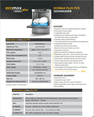 Ecomaxplus Undercounter Dishwasher - F515- Hobart HB-ECOMAXPLUSF515