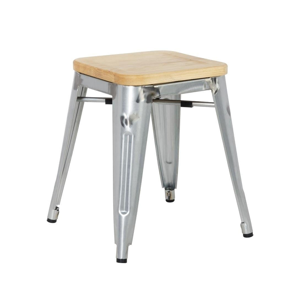 Galvanised Steel Bistro Low Stools with Wooden Seat Pad- Bolero GM634