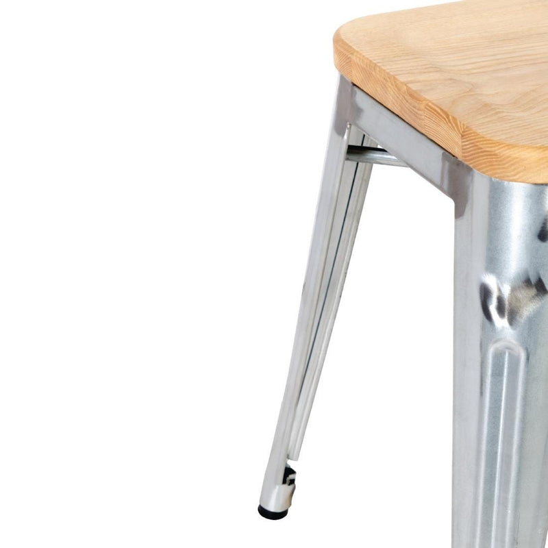 Galvanised Steel Bistro Low Stools with Wooden Seat Pad- Bolero GM634